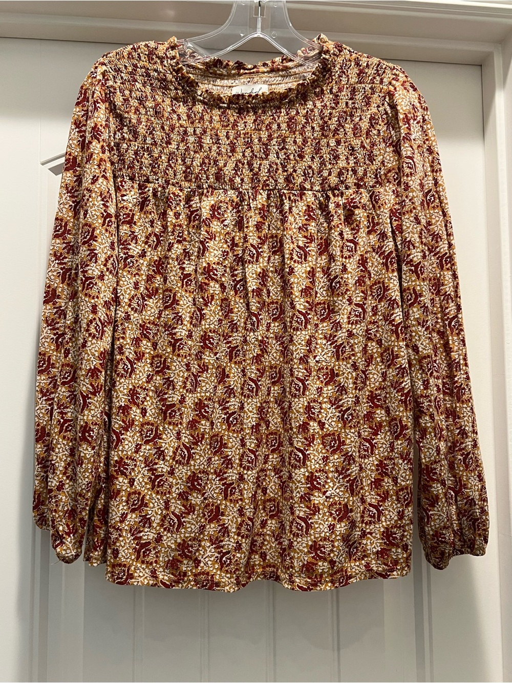 NWT Wonderly Burgundy and Cream Smocked Yoke Floral Blouse